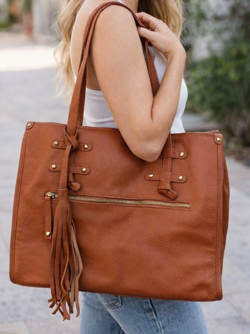 LAGGO Brown Pebbled Leather Tote Shoulder Bag Large Boho Designer Handbag EUC